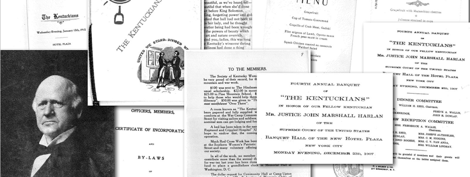 Collage of historic Kentuckians of New York documents, dinner menus and a portrait